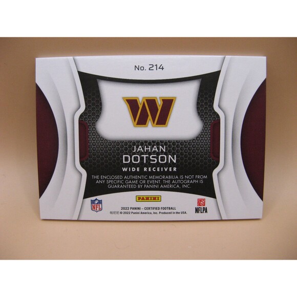 2022 Certified Jahan Dotson Freshman Fabric #214 Rookie RC Patch Auto RPA /249 - Picture 2 of 2